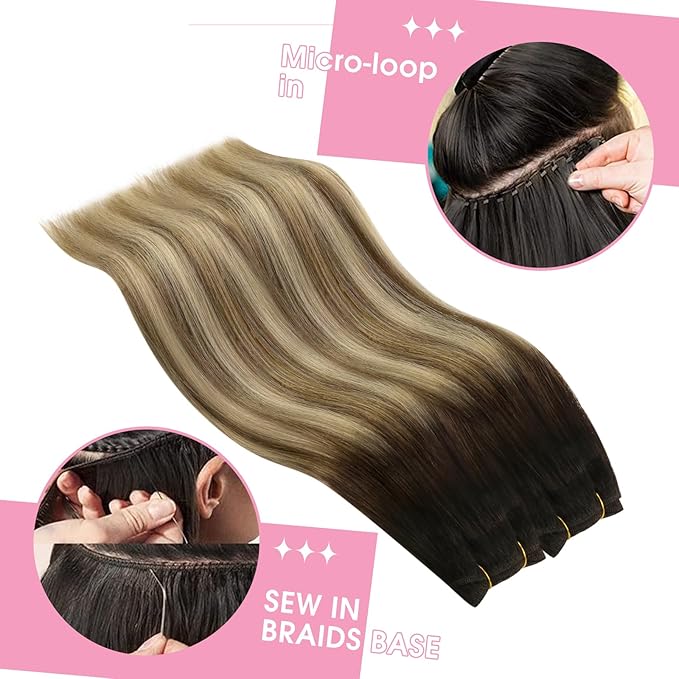 YoungSee Weft Hair Extensions Brown Balayage Human Hair Extensions Sew in Darkest Roots to Medium Brown with Blonde Balayage Double Weft Human Hair Extensions 16Inch 100G