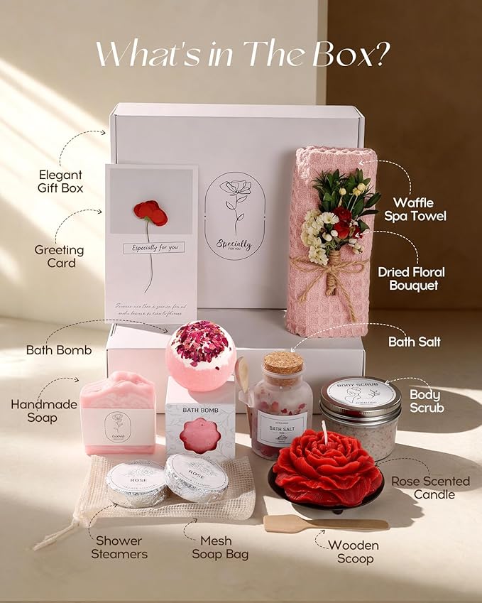 Coralogo Rose Spa Gifts for Women - 15pc Self-care Spa Gift Basket with Scented Candle, Bath Salt, Greeting Card - Thinking of You Basket for Her Birthday, Christmas, Mother's Day, Valentine's Day