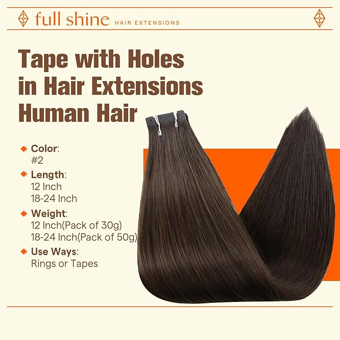Full Shine Holed Tape Extensions Human Hair Dark Brown 20PCS 50G Tape in Hair Extensions Human Hair 24Inch Invisible PU No Glue No Clips for Party Brown Tape ins Soft Remy Glueless Straight