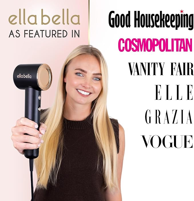 ELLA BELLA® Compact Plasma Hair Dryer, Advanced Plasma Technology Blow Dryer with Digital Display, Rapid Drying, Low Noise, & Luxury Velvet Travel Bag - Includes Diffuser & Nozzle- for All Hair Types
