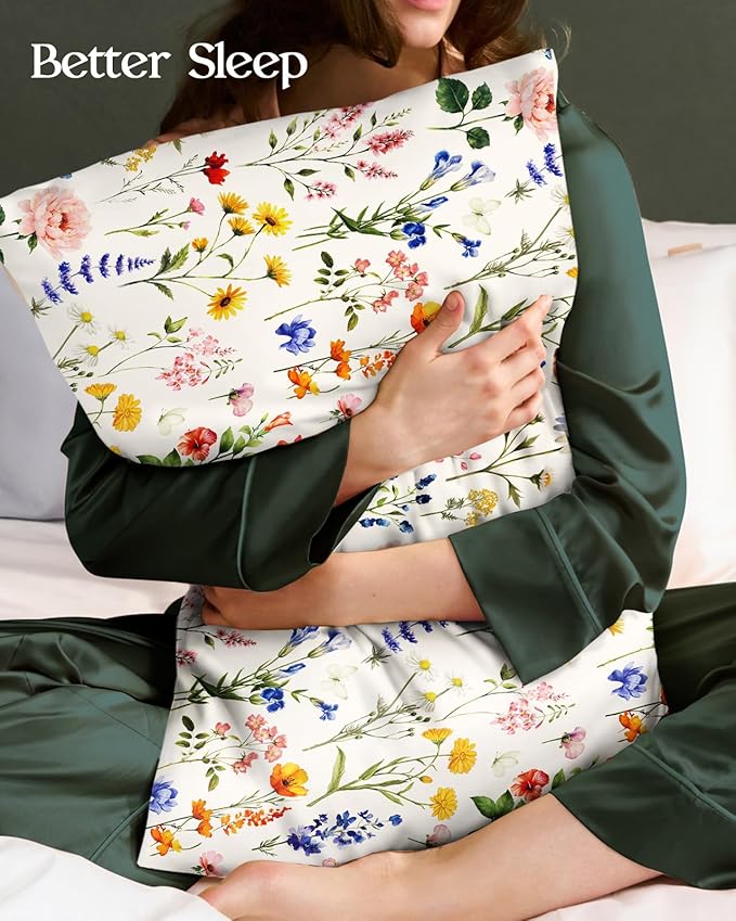 2 Pack Mulberry Silk Pillowcase for Hair and Skin - Standard Size 20 x 26 Inches with Hidden Zipper Beige Flower 19 Momme Soft Sleeping Silk Pillow Case for Women, Moms