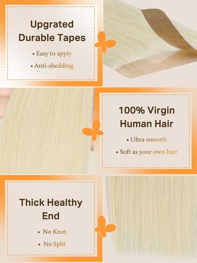 DOORES Tape in Hair Extensions, Platinum Blonde 12 Inch 40g 20pcs, Tape in Hair Extensions Human Hair Natural Remy Straight Hair