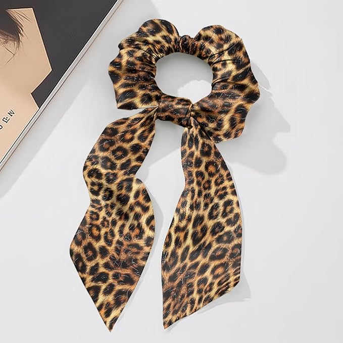 Leopard Print Hair Ties Elastic Ribbon Brown Knotted Bow Scrunchies Lightweight Scraf Scrunchy Stretchy Aesthetic Accessory Pack of 2