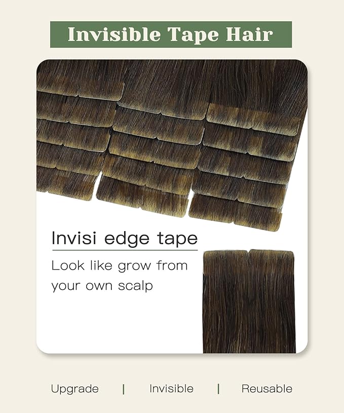 SURNEL Injected Seamless Tape in Extensions Human Hair 20Inch Chocolate Brown to Caramel Blonde Invisible Tape in Extensions 20 Pcs 45g(#4274,20)