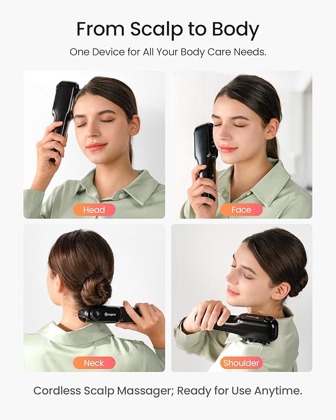 NAPRE Electric Scalp Massager,Head & Hair Massager Scalp Stress Relax,Cordless Handheld Muscle Massager with Horizontal Vibration-5 Speed 2400 RPM for Face,Neck,Shoulder & Body,Includes Charging Dock