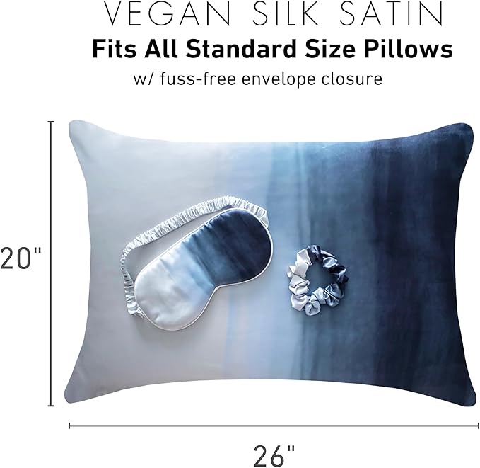 Fenrici Luxury Satin Pillowcase Gift Set – Includes Eye Mask & Scrunchie, Pure Vegan Silk for Hair & Skin Care, Elegant Blue Ombre Design, Standard Size, Gift for Mom, Daughter, Girlfriend!