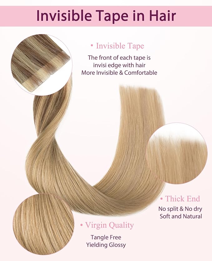 Pinkpearl Invisible Tape in Hair Extensions Human Hair, 20pcs 14inch 40g #10/27/27 Golden Brown to Caramel Blonde Injection Tape in Extensions Real Remy Seamless Human Hair Injected