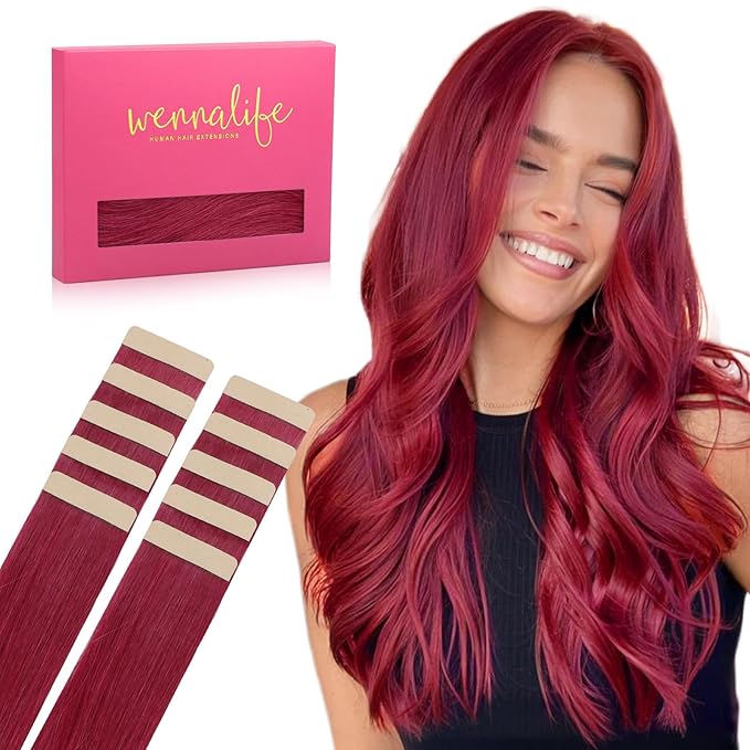 WENNALIFE Tape in Hair Extensions Human Hair Burgundy Red Tape in Extensions, 10pcs 25g 14 inch Remy Invisible Tape Ins Straight Colored Soft Real Human Hair Tape in Extensions Refill Set Extensions