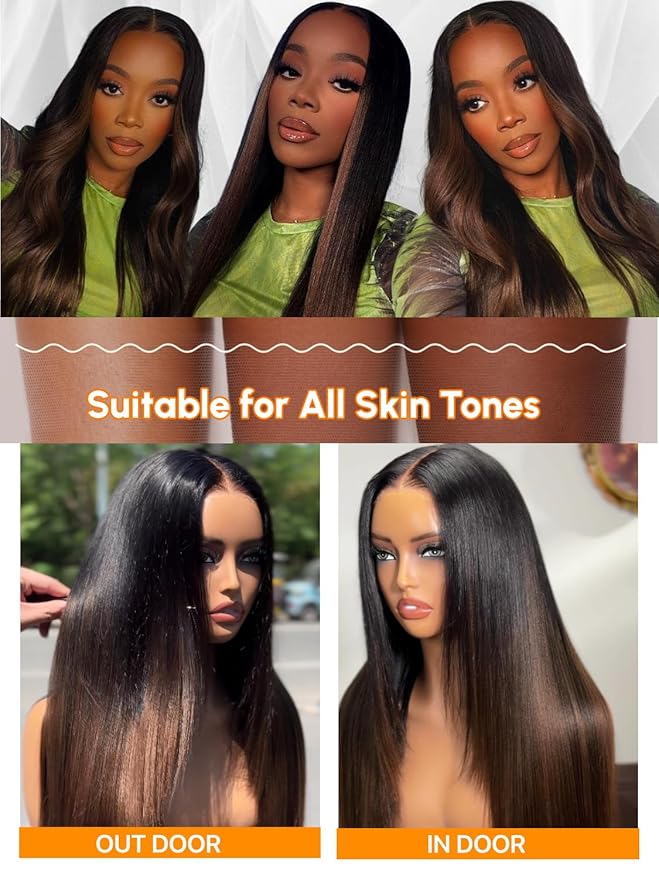Julia Hair Chestnut Brown Ombre Yaki Straight 7x5 Pre Cut HD Lace Put On and Go Wig Bye Bye Knots Glueless Human Hair Wigs with Invisi Drawstring Pre Plucked Bleached Knots Beginner Friendly 26 Inch