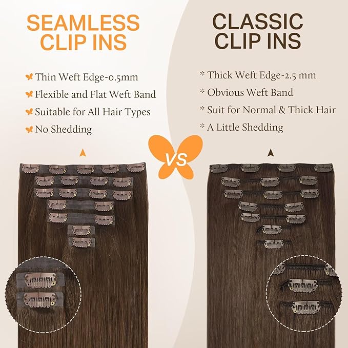 DOORES Clip in Hair Extensions, Chocolate Brown 130g 9pcs 14 Inch Virgin Human Hair Clip in Extensions, Invisible Edge Clip in Hair Extensions, Real Hair Extensions Clip in Human Hair
