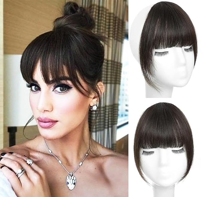 ORIGEN Clip in Bangs Real Human Hair Clip on Wispy Bangs Fringe with Temples Hairpieces Fake Front Bangs Extensions for Women Brown Black Color