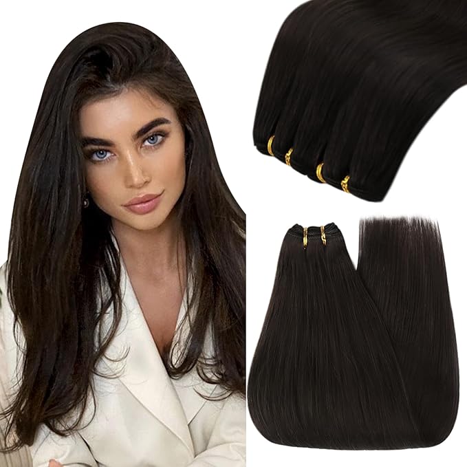 YoungSee Dark Brown Hair Extensions Weft Human Hair Sew in Extensions Darkest Brown Weft Hair Extensions Human Hair for Women 16Inch 100G