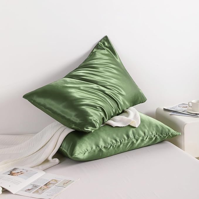 NTBAY 2 Pack Satin Standard Pillowcases for Hair and Skin, Luxurious and Silky Pillow Cases with Envelope Closure, 20x26 Inches, Olive Green