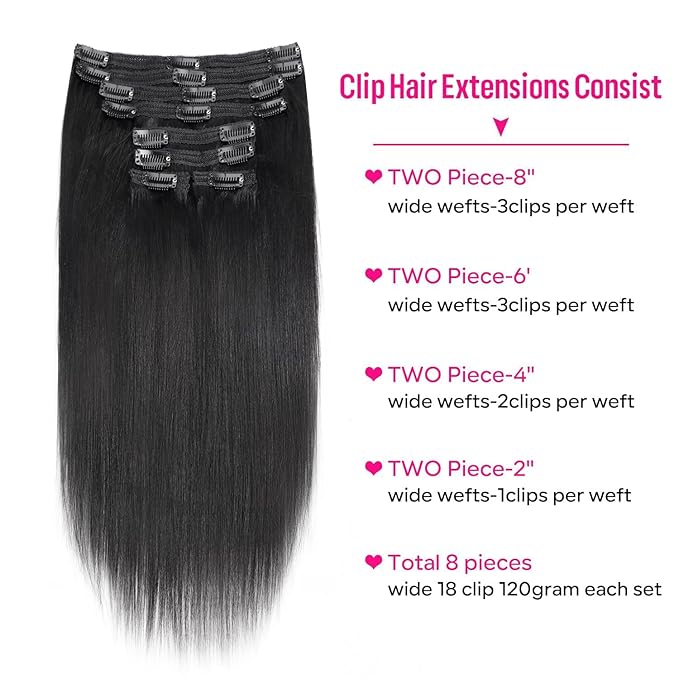 Yaki Straight Clip in Hair Extensions Real Human Hair 8Pcs Remy Human hair Clip ins for Women, Natural Soft Human Hair 120g 28inch #1B Natural Black