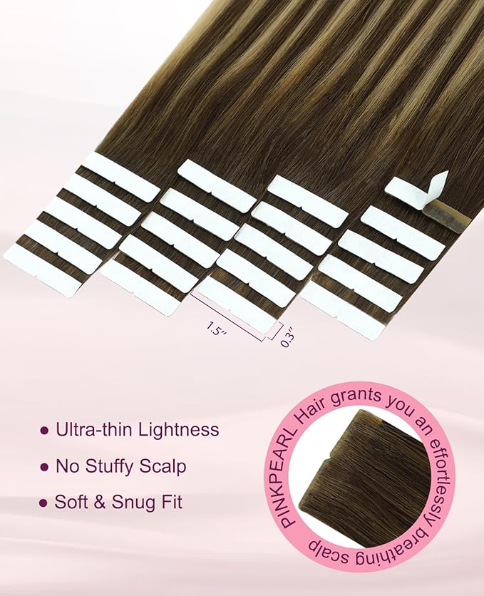 Pinkpearl Invisible Tape in Hair Extensions Human Hair, 20pcs 22inch 60g #4/27/4 Balayage Chocolate Brown to Caramel Blonde Injection Tape in Extensions Real Remy Seamless Human Hair Injected