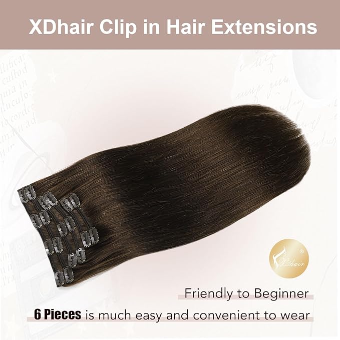 XDhair Clip in Hair Extensions Real Human Hair, 120G 6 Pcs Human Hair Clip in Extensions,Dark Brown Hair Extension Silky Straight #2 18 Inch