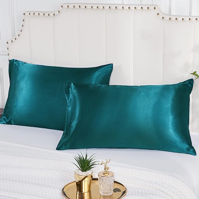 Satin Silk Pillowcase for Hair and Skin, Black Pillow Cases Standard Size Set of 4 Pack Super Soft Pillow Case with Zipper Closure (Teal, Queen(4 Pack))