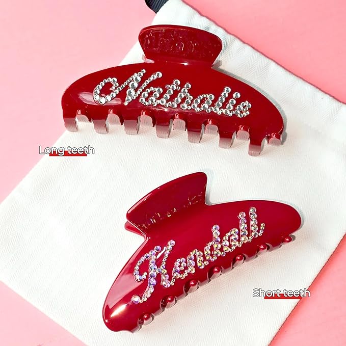 Personalized Colorful Name Hair Claw Clips for Women,Custom Hair Clips with Diamond,Cute Hair Accessories 4",Handmade Rhinestones Hair Clamp Gifts for Mom,Bride,Wife,Bridesmaid,Couples（Red）