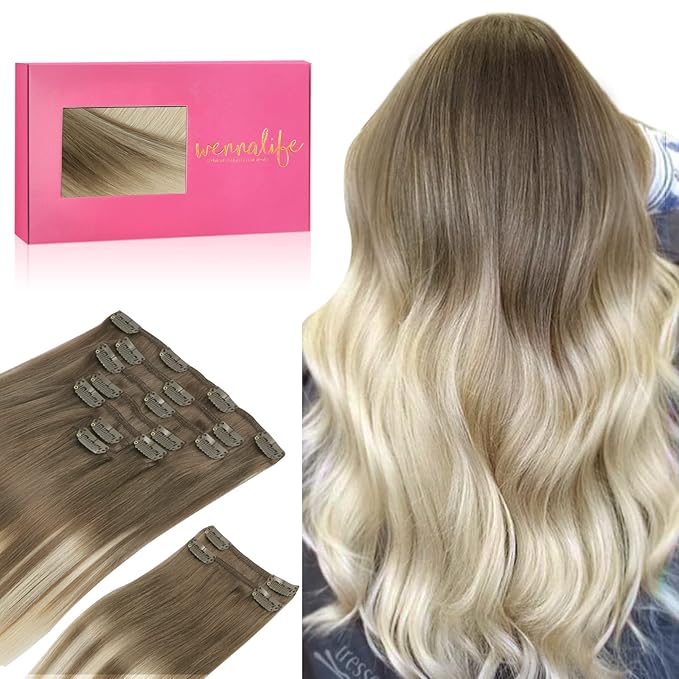 WENNALIFE Clip in Hair Extensions Real Human Hair, 16 Inch 150g 9pcs Human Hair Extensions Clip In, Ombre Sandy Brown to Platinum Blonde Hair Extensions Clip In Real Remy Human Hair