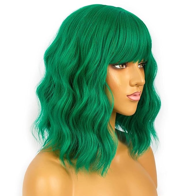 Short Bob Wigs with Bangs for Women Loose Wavy Wig Curly Wavy Shoulder Length Bob Synthetic Cosplay Wig for Girl Colorful Costume Wigs (Green)