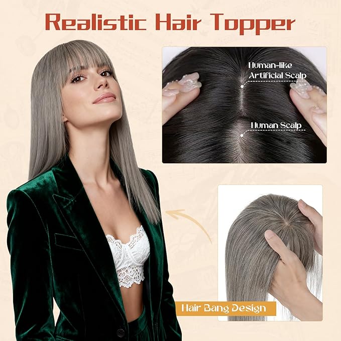 Rich Choices Human Hair Toppers for Women-100% Real Remy Hair Topper with 3D 360°Bang-Upgraded 150% Density 9 * 12CM Lace Base-Clip in Hairs topper for Thinning Hairs-10Inch #G2 Grey