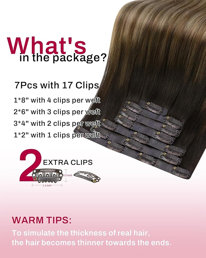 Moresoo PU Seamless Human Hair Clip in Extensions 14inch Balayage Dark Brown to Dark Ash Blonde Clip in Hair Extensions Real Human Hair Thick and Long 120g 7pcs