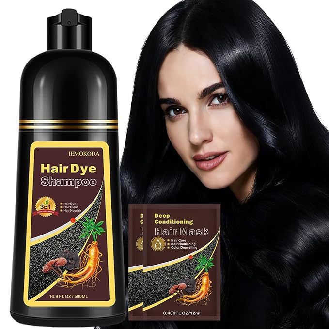 Instant Black Hair Dye Shampoo for 100% Gray Hair Coverage, Natural Herbal Hair Color Shampoo Hair Dye, 3 in 1 Coloring & Care Formula Lasts 3-4 Weeks, Easy & Quick to Use for Women Men, 500ML