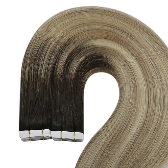 YoungSee Human Hair Tape in Extensions Ombre Real Hair Extensions Tape ins for Women Balayage Dark Brown to Blonde Tapes Hair Extension Real Human Hair Silky Straight 18In 20pcs 50g