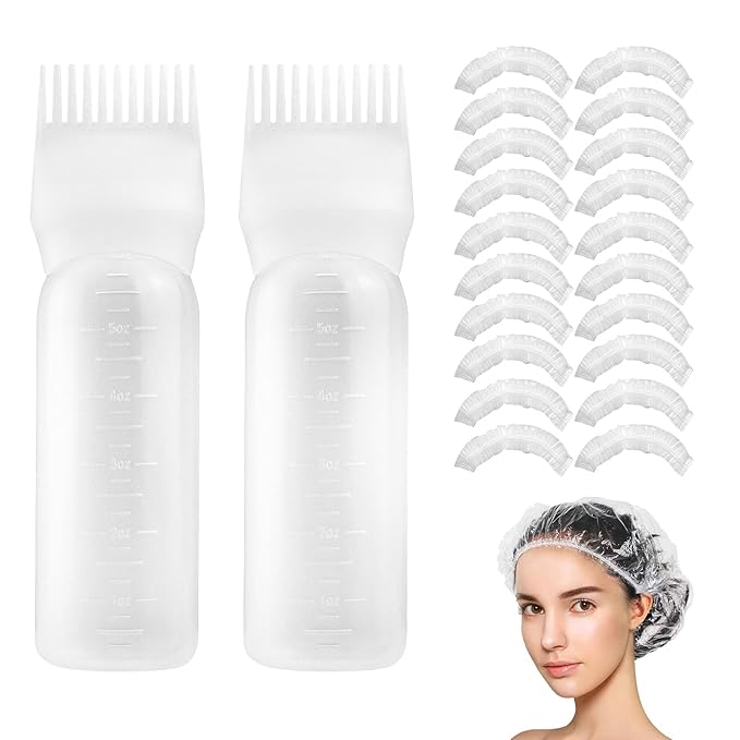 Root Comb Applicator Bottle, 6 Ounce, Oil Applicator for Hair Dye, 2 Pack+20 PCS Disposable Shower Caps, White