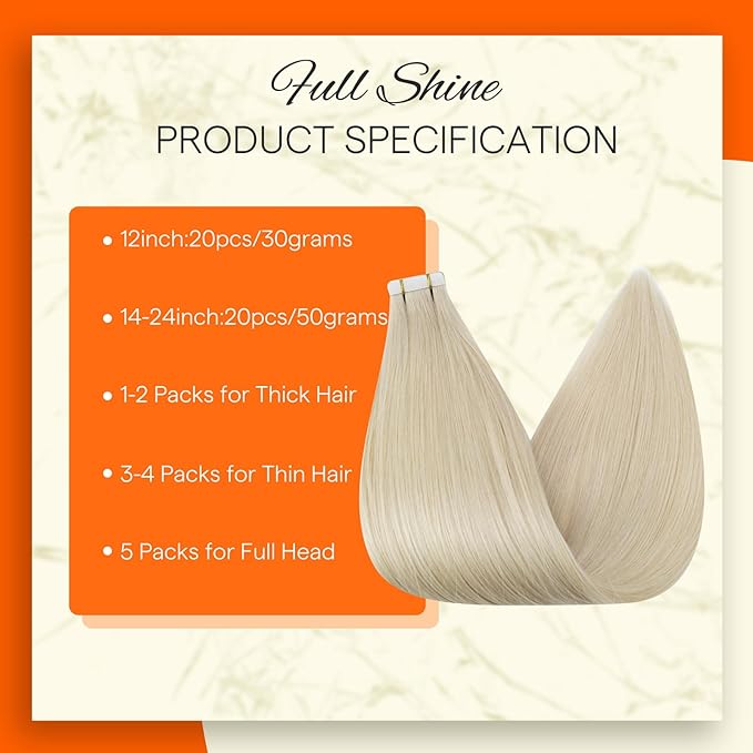 Full Shine Invisible Tape in Hair Extensions Color 60 Blonde Remy Skin Weft 12Inch Tape in Extensions 20 Pcs Seamless Invisible Brazilian Real Human Hair for Wedding Natural 30G