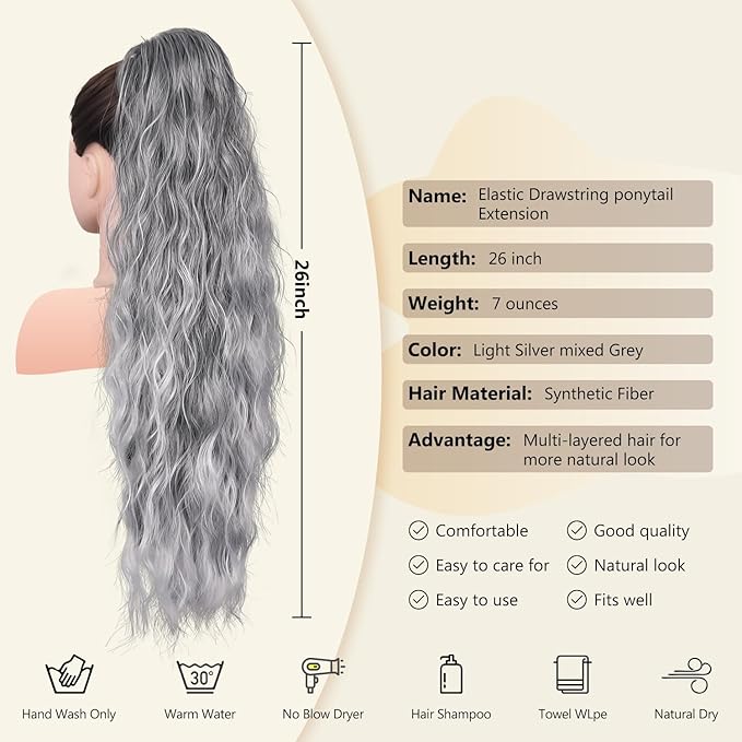 LEEONS 26 inch Drawstring ponytail Extension, Long Wavy pony tails hair extensions for Women - Synthetic Hairpiece Ponytail for Daily Use (Light Silver mixed Grey)