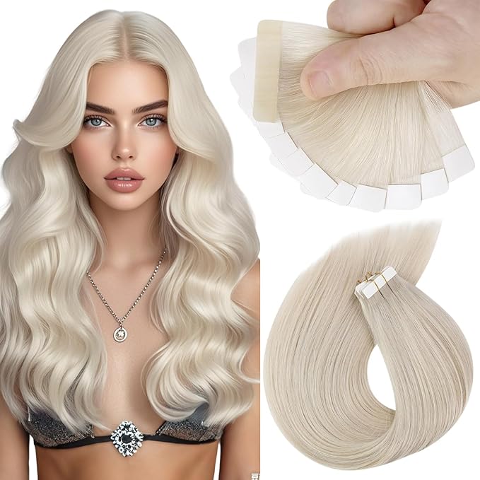 Sunny Hair Tape in Hair Extensions Real Human Hair Invisible Remy Hair Extensions Tape ins for Women White Blonde 16 inch 25G
