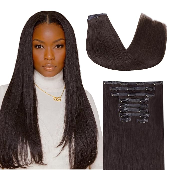 Lashey Seamless Clip in Hair Extensions Human Hair 130g 9pcs #2 Dark Brown 16 Inch Light Yaki Straight Clip in Hair Extensions Real Human Hair with Flat PU Invisi Edge Full Pack