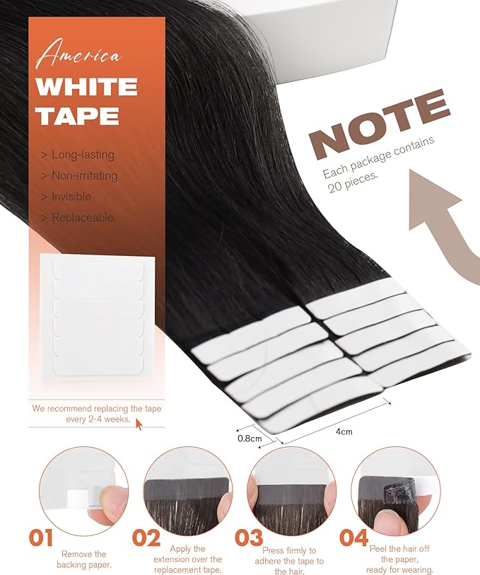 Sunny Hair Extensions Tape in Human Hair Natural Black Tape in Hair Extensions Human Hair 18 inch Remy Tape in Extensions Skin Weft 50g 20Pcs