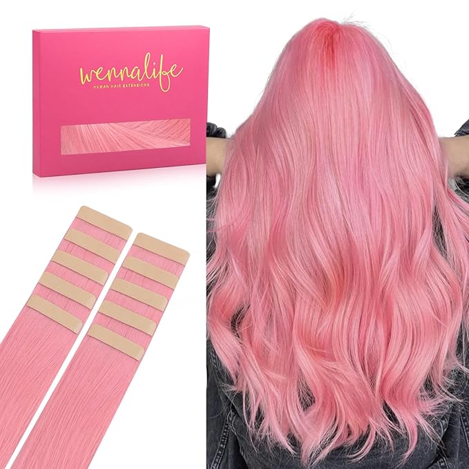 WENNALIFE Tape in Hair Extensions Human Hair Peach Pink, 10pcs 25g 18 inch Remy Hair Invisible Tape Ins Straight Colored Soft Refill Set Extensiones De Cabello Humano Con