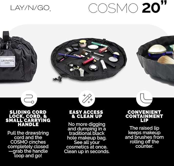 Lay-n-Go Cosmo Drawstring Cosmetic & Makeup Bag Organizer - Portable Drawstring Makeup Bag w/Zipper Pocket, Makeup Loops & More - Durable, Machine Washable Toiletry Bag (20", Pink Chevron)