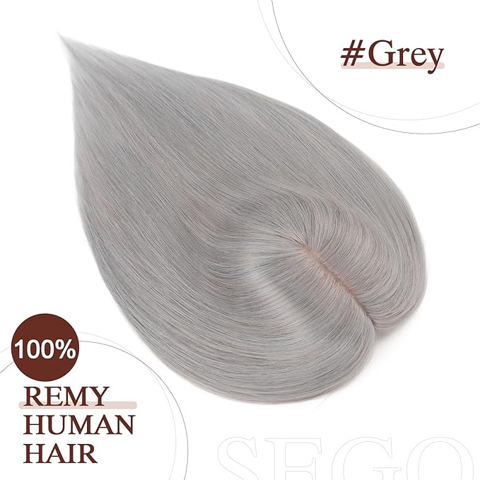 SEGO Hair Topper for Women, No Bangs Real Human Hair Topper with Anti-Slip Clips (18 Inches #Grey)
