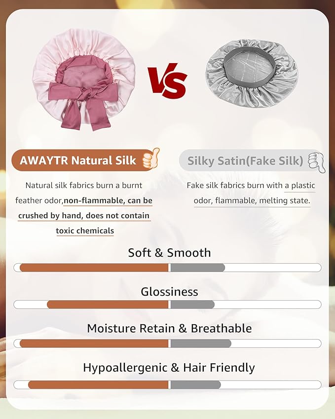 AWAYTR Silk Bonnet for Sleeping Women 100% Mulberry Silk Bonnet with Band 2 Layer Reversible Hair Bonnet Sleeping Hair Wrap (Silk, Dust rose/Pink)