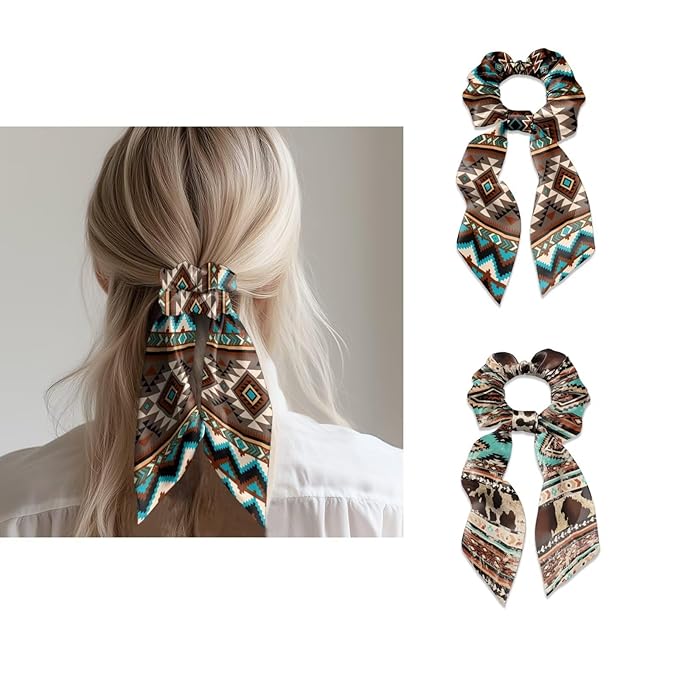 2 Pack Aztec Knotted Bow Hair Scrunchies Elastic Hair Scarf Ethnic Geometric Ribbon Scrunchy Cow Print Bow Hair Ties with Flowing Tails