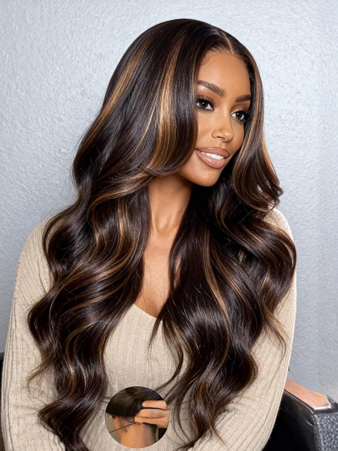 Julia Hair 13x4 Pre Everything Chestnut Brown Highlight Yaki Loose Body Wave Wig With Drawstring Glueless Wigs Human Hair HD Lace Frontal Wig Bleached Knots Ready to Go 18 Inch