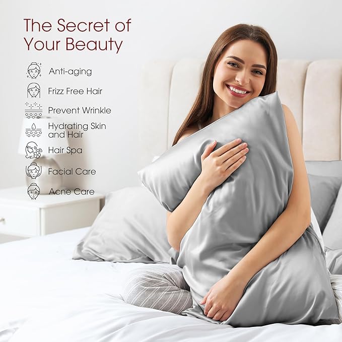 100% Silk Pillow Cases 2 Pack King Size Mulberry Silk Pillowcase for Hair and Skin Set of 2 Highest Grade 6A Silk Soft Breathable Cooling with Hidden Zipper, Light Grey