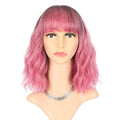 FAELBATY Ombre Red Wig With Bangs Short Wave Bob Synthetic Cosplay Wig for Women Halloween - 12" Ombre Rose Red Color