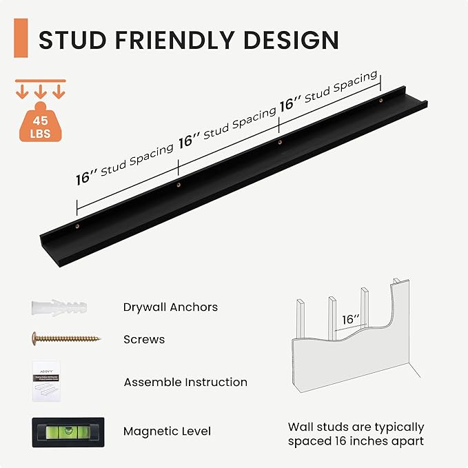 Solid Ash Wood Picture Ledge Shelf, Floating Shelves Set of 2, 56 Inch Long Large Ledge Shelves, Nursery Book Shelves Wall Mounted for Living Room Bedroom Kitchen Decor Kids Bookshelf, Black