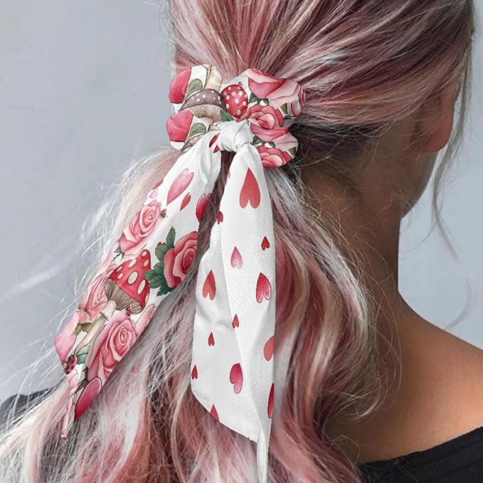 Heart Rose Mushroom Satin Hair Tie Thick Hair Valentine's Day Pack of 2 Knotted Bow Hair Scrunchies Elastic Hair Scarf Bow Scrunchy for Women