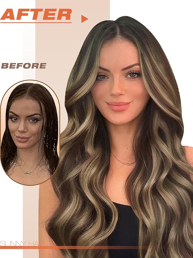 Sunny Hair Tape in Extensions for Women Real Hair 14 inch 100g Tape in Hair Extensions Human Hair Dark Brown Balayage Caramel Blonde Hair Extensions Tape in 40Pcs