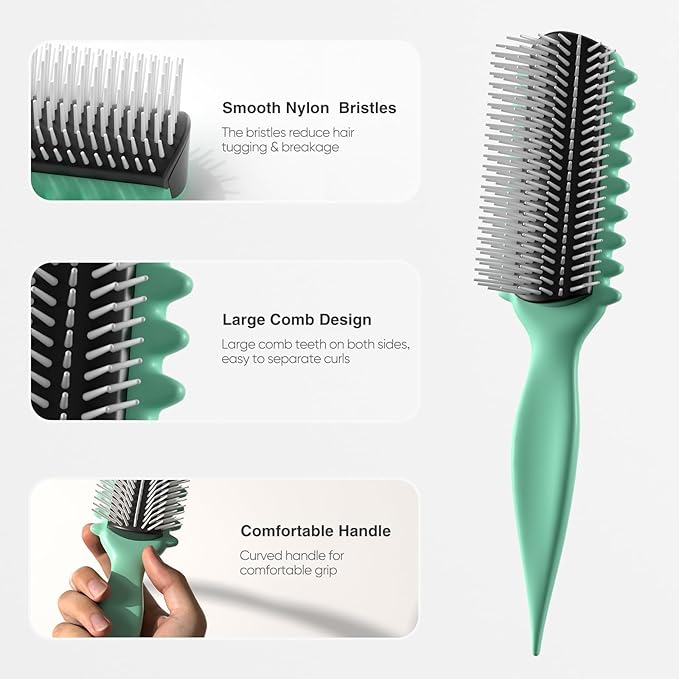 AM8:00 Curl Defining Brush,9Rows Premium Styling Hairbrush for Curly Hair, Enhances Curls Definition & Separation, (Green)