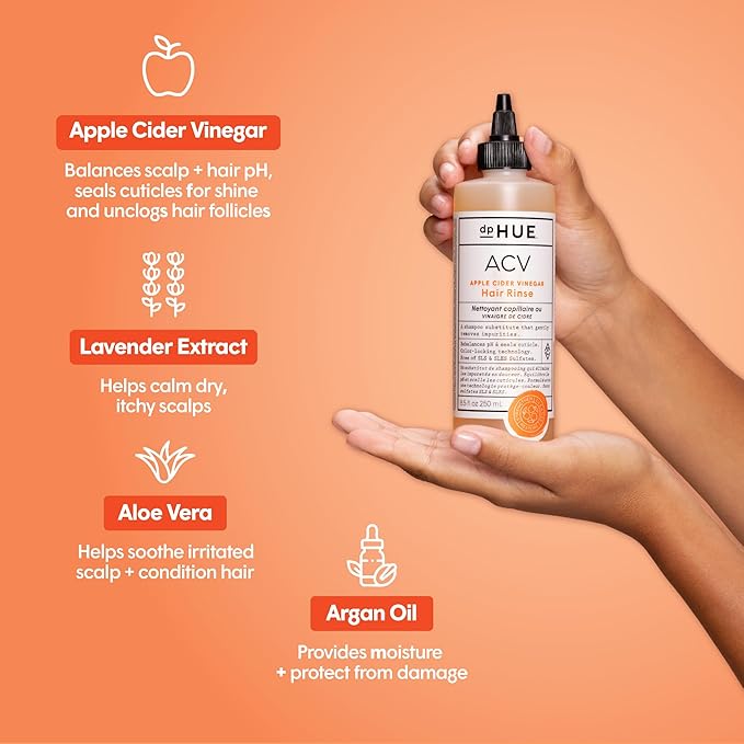 dpHUE Apple Cider Vinegar Hair Rinse, 8.5 oz - Shampoo Alternative, Scalp Cleanser & Post Workout Rinse - Removes Buildup & Sweat - Protects Natural Hair Oils