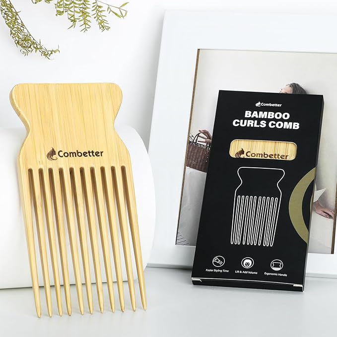 Combeter Bamboo Hair Pick Comb for Thick Curly Hair & Beard – Eco-Friendly Anti Static Afro Pick Wooden Comb for Detangling & Styling for Men, Women & Kids