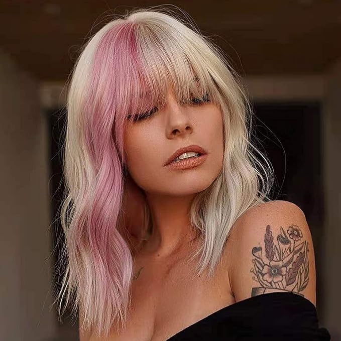 FAELBATY Short Blonde Wig Highlight Pink Wigs With Bangs Women's Blonde Mixed Pink Bob Wig Curly Wavy Synthetic Cosplay Wig Shoulder Length Wig for Girl's Costume Wigs(12" blonde mixed pink)