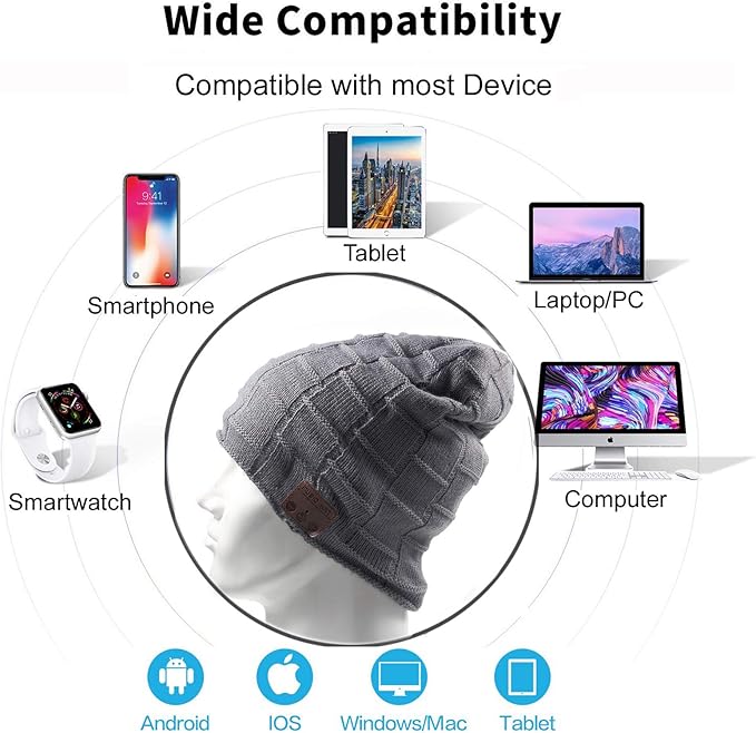 Wireless Music Hat Beanie for Men Women Headphones Wireless Earbuds Headset Music Audio Stereo Earphone Boys Girls Beanie hat Winter Cap Outdoor Sport Business Truck Driver Deep Grey